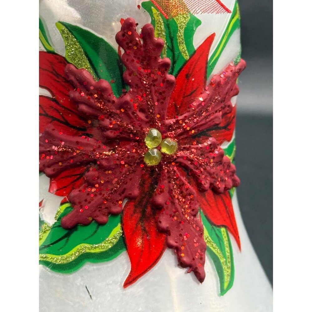 Vtg. Handcrafted Glass 3D Poinsettia Christmas Bell Ornament Red Ribbon - Picture 7 of 8
